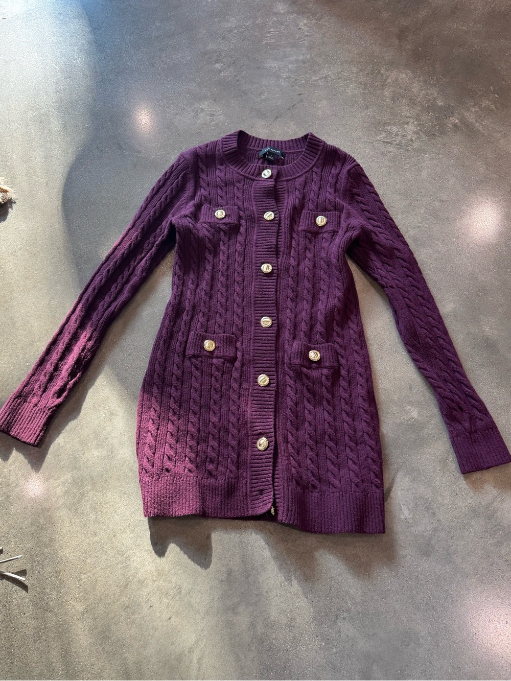 Ann Taylor Cable-Knit Long Cardigan Sweater in Deep Plum